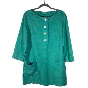 Toast Teal Green Linen Tunic Top dress Womens Size 12 Pockets & Button Detail